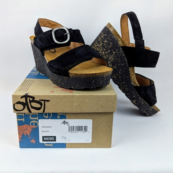 OTBT Peasant Wedge Platform Slingback Sandal Suede Leather Black 9.5M NIB - Picture 15 of 16